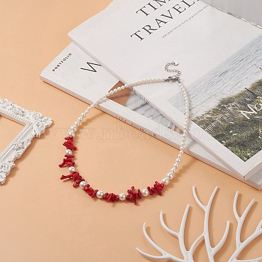 Dyed Synthetic Red Coral Chips & Natural Shell Pearl Graduated Beaded Necklaces for Women(NJEW-TA00065)-3