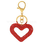 Handmade Polymer Clay Rhinestone Hollow Heart Keychains, with Iron Rings & Lobster Claw Clasps, Golden, Red, 108mm(KEYC-TAC00069-01)