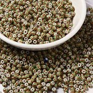 8/0 Opaque Colours Seep Glass Seed Beads, Round Hole, Round with Stripe Pattern, Dark Khaki, 3~3.5x2~3mm, Hole: 1mm, about 450g/bag(SEED-F003-04B-07)