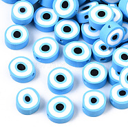 Handmade Polymer Clay Beads, Flat Round with Evil Eye, Deep Sky Blue, 10.5~12.5x3.5~4.5mm, Hole: 1.5mm(X-CLAY-ZX006-07J)