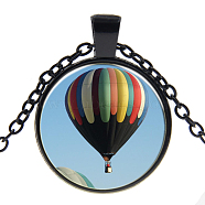 Picture Glass Pendant Necklaces, with Alloy Chains, Flat Round with Pattern, Balloon, Sky Blue, Gunmetal, 18 inch(45cm)(NJEW-O111-043B)
