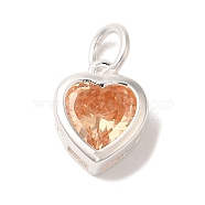 925 Sterling Silver Cubic Zirconia Heart Charms with Jump Rings, Silver Color Plated, Orange, 9.5x7.5x3.5mm, Hole: 3mm(FIND-U013-10S-04)