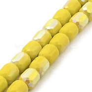 Frosted Imitation Jade Glass Beads Strands, AB Color Plated, Faceted, Column, Yellow, 8.5x8mm, Hole: 1.5mm, about 68pcs/strand, 22.64''(57.5cm)(GLAA-P058-08A-09)