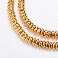 Electroplate Non-magnetic Synthetic Hematite Bead Strands, Rondelle, Golden Plated, 6x3mm, Hole: 1mm, about 125~133pcs/strand, 15.7 inch(G-Q465-11G)