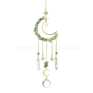 Moon & Star Brass Hanging Ornaments, Natural Green Aventurine Chips and Glass Tassel Suncatchers, 300~308mm(HJEW-TA00095-03)