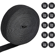 1 Roll(9m) 25mm Flat Elastic Bands with Buttonhole, 10Pcs 4-Hole Flat Round Resin Buttons, Dyed, Webbing Garment Sewing Accessories, Black, Button: 15x2.5mm, Hole: 2mm, 10pcs, Flat Elastic Cord: 25mm wide, about 9m/roll, 1roll(BUTT-BC0001-02)