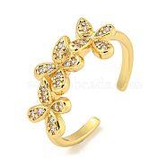 Flower Rack Plating Brass Micro Pave Cubic Zirconia Open Cuff Rings for Women, Cadmium Free & Lead Free, Long-Lasting Plated, Real 18K Gold Plated, Clear, Flower: 9.8x20.5mm, Adjustable(RJEW-N047-01G-03-RS)