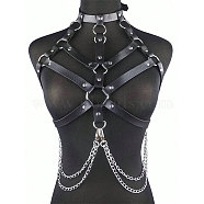 Black PU Leather Chest Harness Belts, Adjustable Nightclub Body Chains with Alloy Tassel, Platinum, 1010x18mm(FS-WG16471-01)