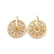 Rotatable Brass Micro Clear Pave Cubic Zirconia Pendants, Flat Round with Flower Charms, Real 18K Gold Plated, 16x14x6.5mm, Hole: 2x3mm(KK-E068-VC295)