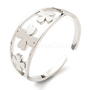 304 Stainless Steel Clover Open Cuff Ring, Stainless Steel Color, Inner Diameter: 18mm(RJEW-F149-04P)