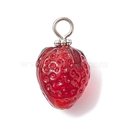 Handmade Lampwork Pendants, with Iron Findings, Strawberry Charm, Dark Red, 22x13x12.6mm, Hole: 3.2mm(PALLOY-JF02375)