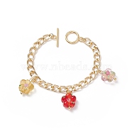 Lampwork Flower Charm Bracelet with Aluminium Curb Chains for Women, Red, 7-1/2 inch(19cm)(BJEW-TA00176-01)