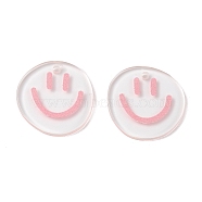 Transparent Printed Acrylic Pendants, Flat Round with Smiling Face Charm, Pink, 20.5~21x20~21x2mm, Hole: 1.6mm(TACR-P005-01H)