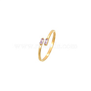 Golden Stainless Steel Cuff Ring, with Glass, Rectangle, Lilac, Inner Diameter: 20mm(MM8912-3)