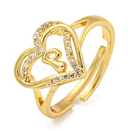 Heart with Letter Rack Plating Brass Micro Pave Clear Cubic Zirconia Adjustable Rings for Women, Lead Free & Cadmium Free, Real 18K Gold Plated, Letter P, Inner Diameter: 16mm(RJEW-I105-01G-P)