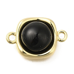 Brass Pave Black Glass Square Links Connector Charms, Real 18K Gold Plated, 16x11x5.5mm, Hole: 1.5mm(KK-K388-20G)