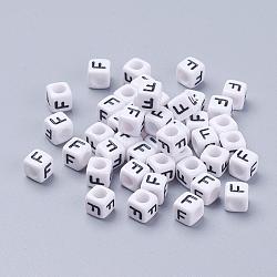 Acrylic Horizontal Hole Letter Beads, Cube, White, Letter F, Size: about 6mm wide, 6mm long, 6mm high, about hole: about 3.2mm, about 2600pcs/500g(PL37C9308-F)