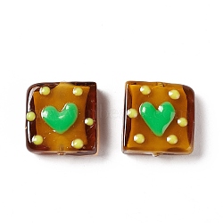 Handmade Lampwork Beads, Square with Heart Pattern, Saddle Brown, 16x15x6mm, Hole: 1.8mm(LAMP-G147-01C)