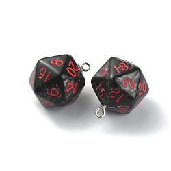 Opaque Resin Polyhedral Dice Pendants, 20 Sided Dice Charm, with Platinum Tone Iron Loops, Black, 27x20x20mm, Hole: 2mm(FIND-TAC0005-21F)