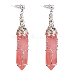 Cherry Quartz Glass Double Point Bullet Dangle Stud Earrings, Wire Wrapped Gemstone Jewelry for Women, 60mm, Pin: 0.7mm(EJEW-PH01406-01)