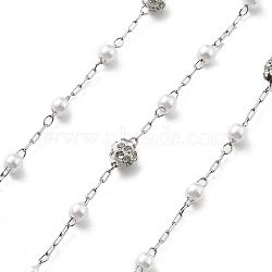 Handmade 304 Stainless Steel Chains, with Polymer Rhinestone & ABS Imitation Pearl, Soldered, Round, with Spool, Stainless Steel Color, 3mm, about 16.40 Feet(5m)/Roll(CHS-K020-04P)