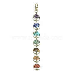 Flat Round with Tree of Life Tibetan Style Alloy Pendant Decorations, with Chakra Synthetic & Natural Mixed Gemstone Beads Chip, Antique Bronze, 238mm, Tree: 29x26x5mm(HJEW-JM01742-02)