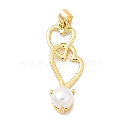 Rack Plating Brass Pendants, with ABS Imitation Pearl, Long-Lasting Plated, Lead Free & Cadmium Free, Real 18K Gold Plated, Heart, 27.5x11x6.5mm, Hole: 4.5x2.5mm(KK-K293-24M-G)