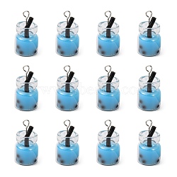Glass Bottle Pendants, with Resin Inside and Iron Findings, Imitation Bubble Tea/Boba Milk Tea, Sky Blue, 20~25x11~14x11mm, Hole: 1.8mm(X-CRES-S359-01C)