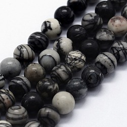 Natural Black Silk Stone/Netstone Beads Strands, Round, 8mm, Hole: 1mm, about 46pcs/strand,  14.76 inch(37.5cm)(X-G-I199-11-8mm)