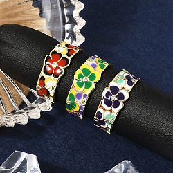 Brass Micro Pave Clear Cubic Zirconia Enamel Cuff Rings for Women, Flower, Real 18K Gold Plated, Mixed Color, Inner Diameter: Adjustable(RJEW-L113-037G)