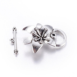 Alloy Toggle Clasps, Cadmium Free & Nickel Free & Lead Free, Flower, Antique Silver, Flower: about 29.5x23x7mm, hole: 1~10x12mm, bar: 21x5x2.5mm, hole: 1.5mm.(X-PALLOY-A20004-AS-FF)