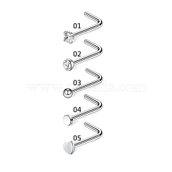 Clear Cubic Zirconia Nose Studs, 316 Surgical Stainless Steel L-Shaped Nose Rings, Piercing Jewelry for Women, Stainless Steel Color, 10mm, 5 Styles, 1Pc/style, 5Pcs(AJEW-PW0005-20A)