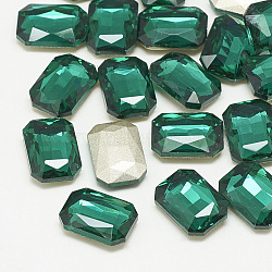 Pointed Back Glass Rhinestone Cabochons, Faceted, Rectangle Octagon, Med.Emerald, 14x10x4mm(RGLA-T079-10x14mm-15)