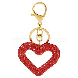Handmade Polymer Clay Rhinestone Hollow Heart Keychains, with Iron Rings & Lobster Claw Clasps, Golden, Red, 108mm(KEYC-TAC00069-01)