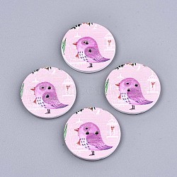 (Holiday Stock-Up Sale)Printed Wood Buttons, Dyed, 2-Hole, Flat Round with Bird, Violet, 26x2mm, Hole: 1.6mm(WOOD-N008-016B)