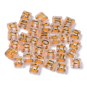 Transparent Electroplate Acrylic Multi-Strand Links, for Tile Elastic Bracelets Making, Rectangle with Golden Plated Mixed Letter, Clear, 8.5x7.5x4mm, Hole: 1.5mm