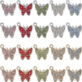 SUPERFINDINGS 40Pcs 10 Colors Alloy Pendants, with Rhinestone, Butterfly, Mixed Color, 15x17x2.5mm, Hole: 1.6mm, 4pcs/color