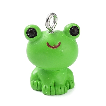 Opaque Resin Pendants, Animal Charms with Platinum Plated Iron Loops, Frog, 16.5x16.5x10mm, Hole: 2mm