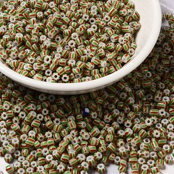 8/0 Opaque Colours Seep Glass Seed Beads, Round Hole, Round with Stripe Pattern, Dark Khaki, 3~3.5x2~3mm, Hole: 1mm, about 450g/bag