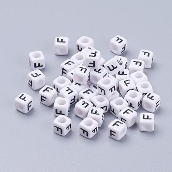 Acrylic Horizontal Hole Letter Beads, Cube, White, Letter F, Size: about 6mm wide, 6mm long, 6mm high, about hole: about 3.2mm, about 2600pcs/500g