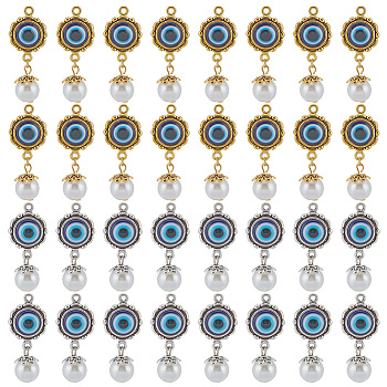 Elite 32Pcs 2 Colors Alloy Resin Pendants with Plastic Pearl, Flat Round with Evil Eye Pattern, Antique Silver & Antique Golden, 39mm, Hole: 2mm, 16pcs/color