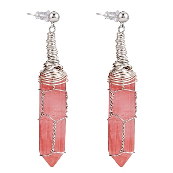 Cherry Quartz Glass Double Point Bullet Dangle Stud Earrings, Wire Wrapped Gemstone Jewelry for Women, 60mm, Pin: 0.7mm