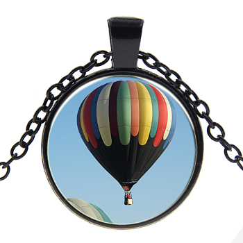 Picture Glass Pendant Necklaces, with Alloy Chains, Flat Round with Pattern, Balloon, Sky Blue, Gunmetal, 18 inch(45cm)