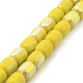 Frosted Imitation Jade Glass Beads Strands, AB Color Plated, Faceted, Column, Yellow, 8.5x8mm, Hole: 1.5mm, about 68pcs/strand, 22.64''(57.5cm)