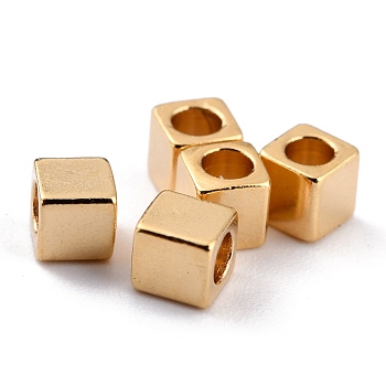 Brass Spacer Beads, Long-Lasting Plated, Cube with Round Hole, Real 24K Gold Plated, 3x3x3mm, Hole: 1.8mm