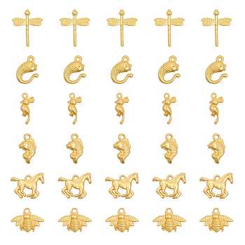 30Pcs 6 Styles Alloy Pendants, Bird & Dragonfly & Horse & Bee & Goldfish Charms, Matte Gold Color, 14.5~21.5x8.5~18.5x3~5.5mm, Hole: 1.2~2mm, about 5pcs/style