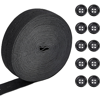 1 Roll(9m) 25mm Flat Elastic Bands with Buttonhole, 10Pcs 4-Hole Flat Round Resin Buttons, Dyed, Webbing Garment Sewing Accessories, Black, Button: 15x2.5mm, Hole: 2mm, 10pcs, Flat Elastic Cord: 25mm wide, about 9m/roll, 1roll