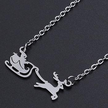 Christmas Theme, 201 Stainless Steel Pendant Necklaces, with Cable Chains and Lobster Claw Clasps, Santa Claus with Sleigh Car, Stainless Steel Color, 17.32 inch(44cm), 2mm