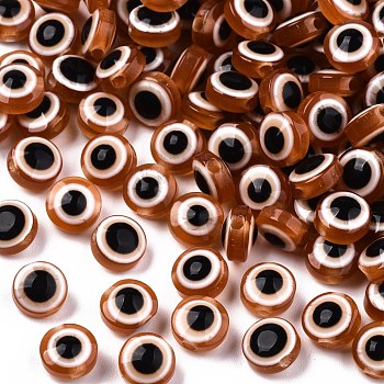 Resin Beads, Flat Round, Evil Eye, Chocolate, 10~11x5~7mm, Hole: 2mm