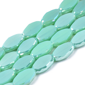 Electroplate Glass Beads Strands, AB Color Plated, Faceted, Rice, Medium Sea Green, 10x6x3.5mm, Hole: 1.4mm, about 50pcs/strand, 19.69~20.94 inch(50~53.2cm)
